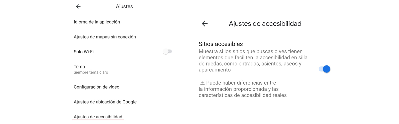 Opciones accesibilidad google maps 